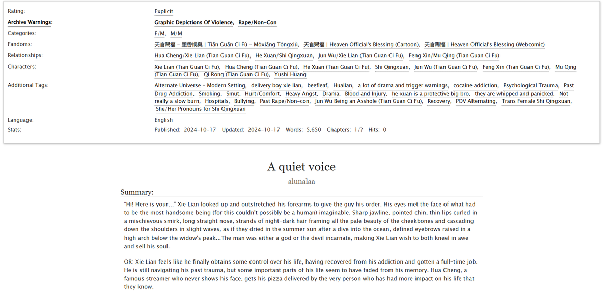 alunalaa's tweet photo. New work #tgcf > "A quiet voice" 
🖇️https://t.co/Q0bv1jeqDX 
🌸#hualian and #beefleaf
🌸modern au 
🌸heavy angst and drama 
🌸hua cheng is a streamer, xie lian works at a pizza restaurant 
🌸art included https://t.co/gx2osq9BY2