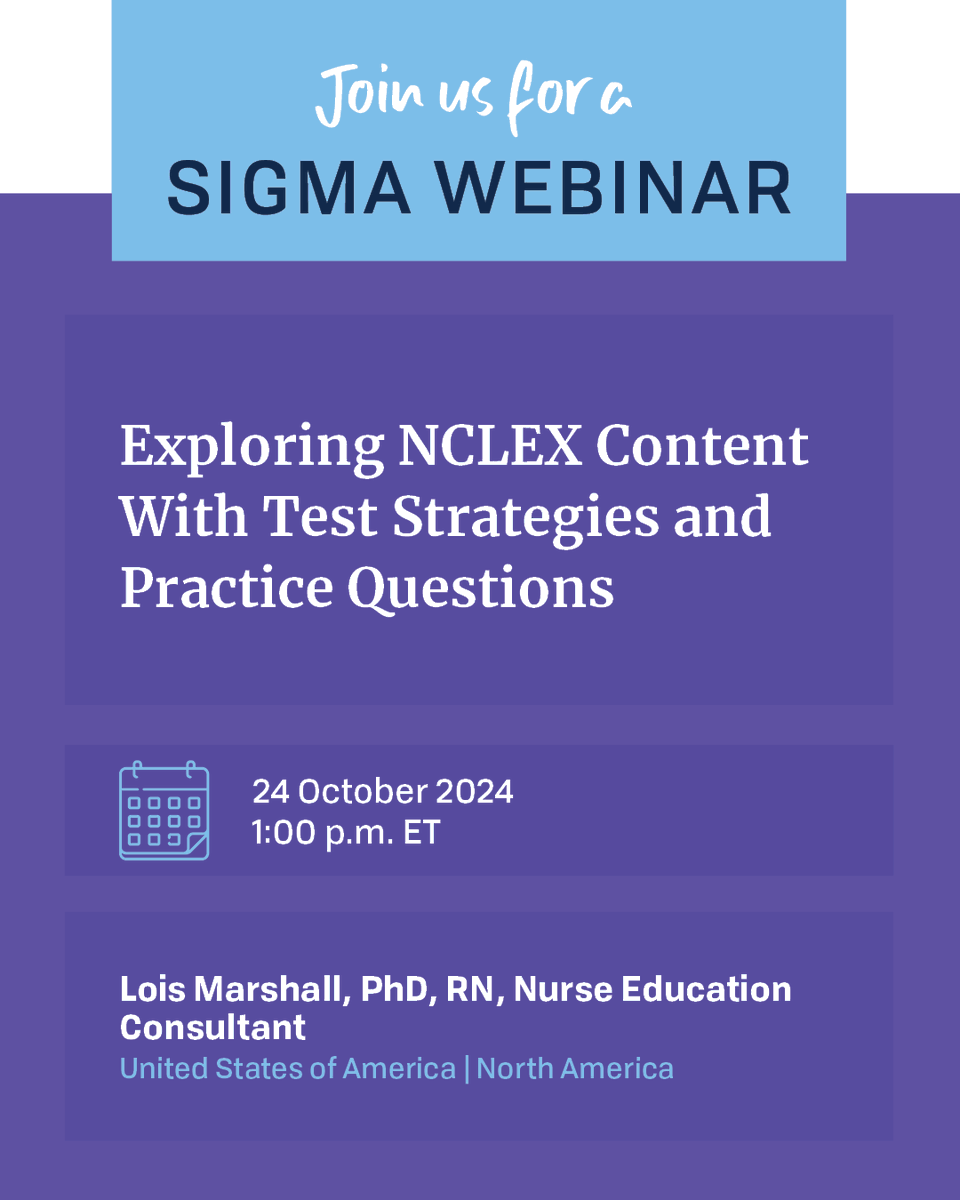 SigmaNursing's tweet photo. Join us for this webinar to refine your skills and learn more about the NGN! NCLEX expert Dr. Lois Marshall will focus on content that has the greatest chance of showing up on your exam and help you make the most of what you know. Register » https://t.co/Rpzfi9QfQi https://t.co/uBfjD69Ptr
