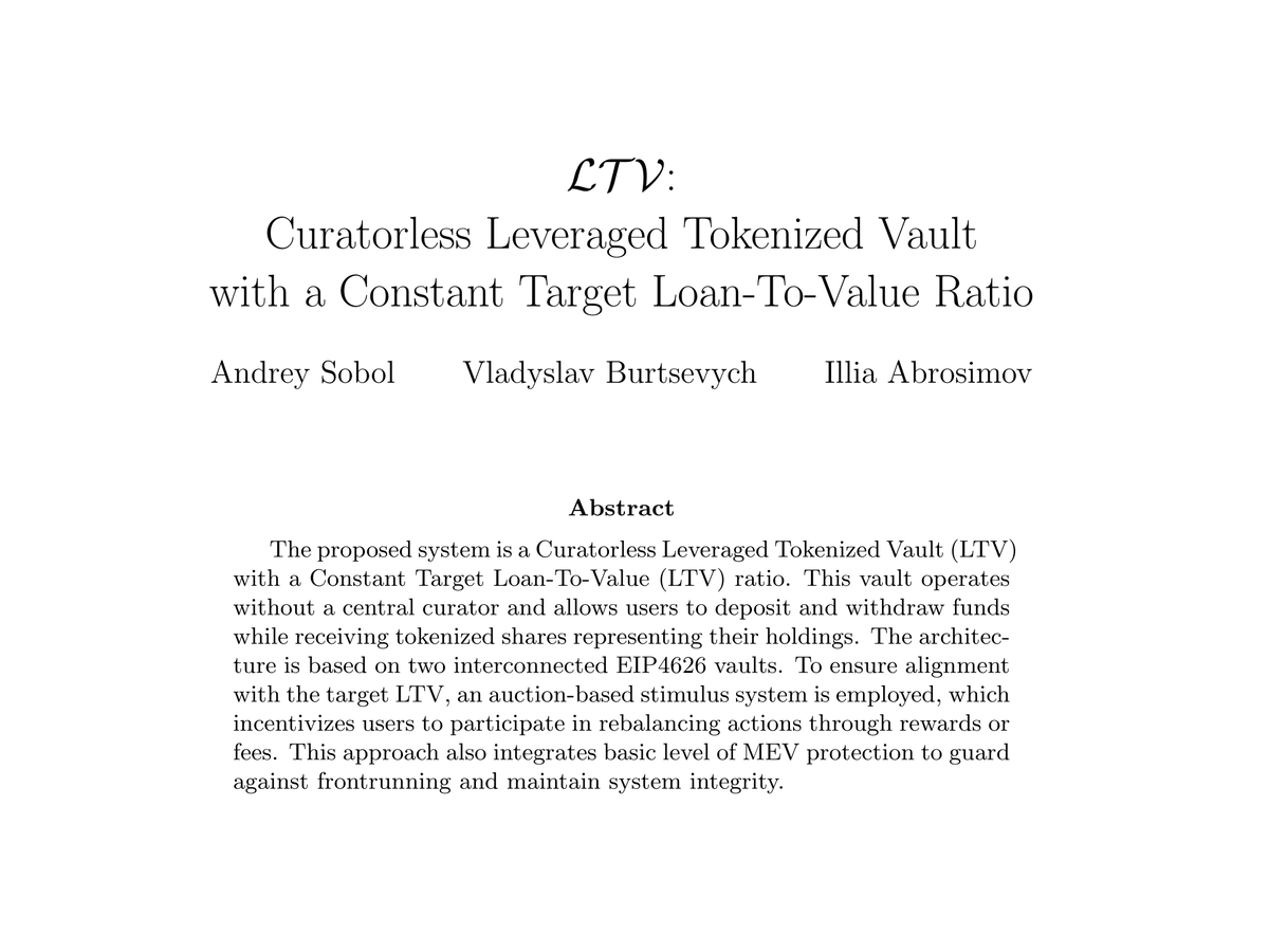 ltvprotocol's tweet photo. 1/21

LTV: Curatorless Leveraged Tokenized Vault with Constant Target Loan-To-Value Ratio
https://t.co/m0N3qNF5Ge

We did it Curatorless.
We did it Permissionless. https://t.co/3pYm1iSN4y