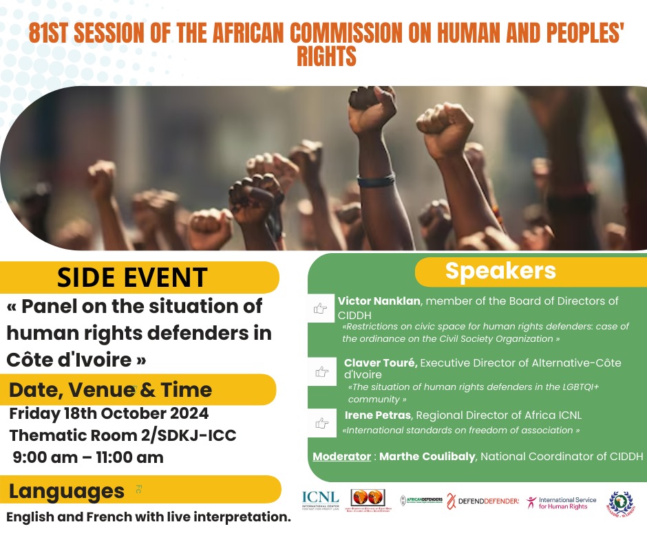 #ACHPR: Side event

#CIDDH and its partners to organize a panel on the situation of human rights defenders at the 81st session of the #ACHPR on Friday, Octobre 18, 2024.

<a href="/AfricaDefenders/">AfricanDefenders</a> <a href="/DefendDefenders/">DefendDefenders</a> <a href="/ISHRglobal/">ISHR</a> <a href="/ICNLAlliance/">ICNL Alliance</a> <a href="/roaddh_wahrdn/">West African Human Rights Defenders Network</a>