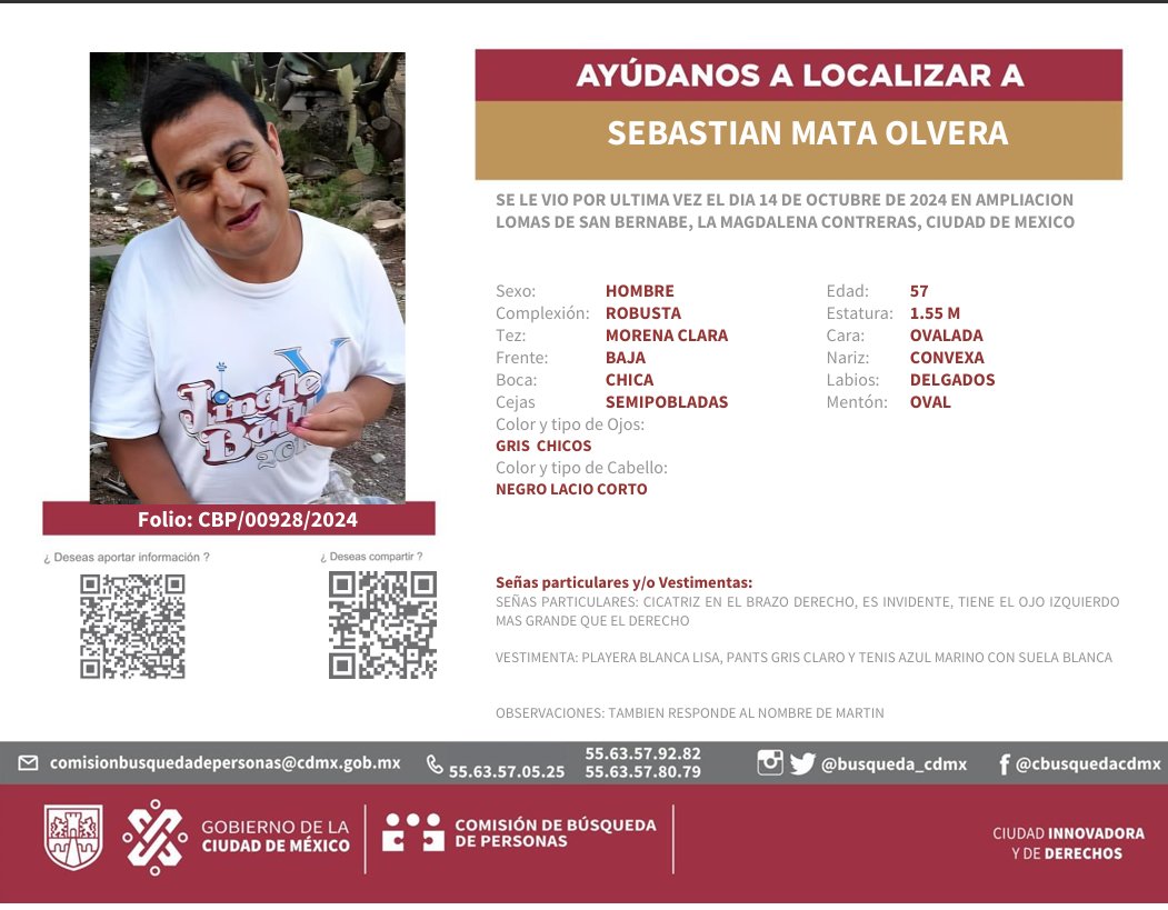 busqueda_cdmx's tweet photo. Solicitamos su colaboración para la localización de SEBASTIAN MATA OLVERA, persona vista por última vez el 14 de OCTUBRE del 2024 en la alcaldía LA MAGDALENA CONTRERAS.
¿Tienes información? ¡Comunícate a los teléfonos!
55 6357 8079
55 6357 9282
#HastaEncontrarte
#BúsquedaCDMX https://t.co/LeV674Ylfs