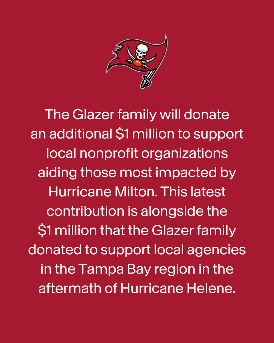 Buccaneers's tweet photo. Glazer Family doubles hurricane relief donation to $2 million ♥️ https://t.co/DDPXqodeWs