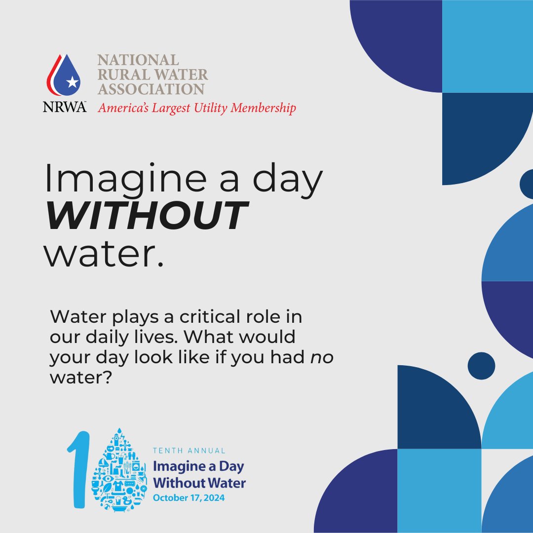 NRWA's tweet photo. Today is #ImagineADayWithoutWater! What would your life be like without water?

Without water, we would be unable to brush our teeth, cook, shower, and much more.

Now more than ever, it is important to tell the Rural Water story and why water is important to rural communities. https://t.co/joXCnlSegC