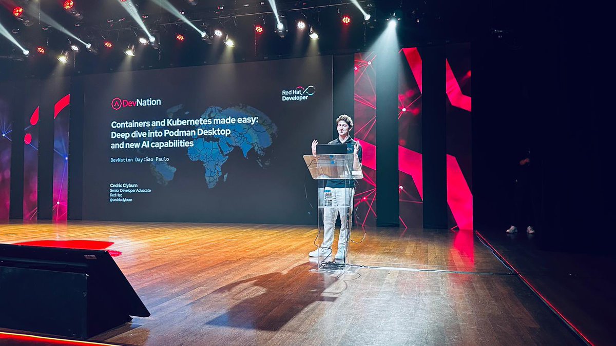 cedricclyburn's tweet photo. Woo hoo! Was absolutely honored to be invited to the @RedHatSummit São Paulo 🇧🇷 and @rhdevelopers #DevNation Day last week, where I met the most amazing and passionate open source champions from Brazil, and presented/demo’d new capabilities from @Podman_io and #PodmanDesktop https://t.co/OLU3CuHh9H