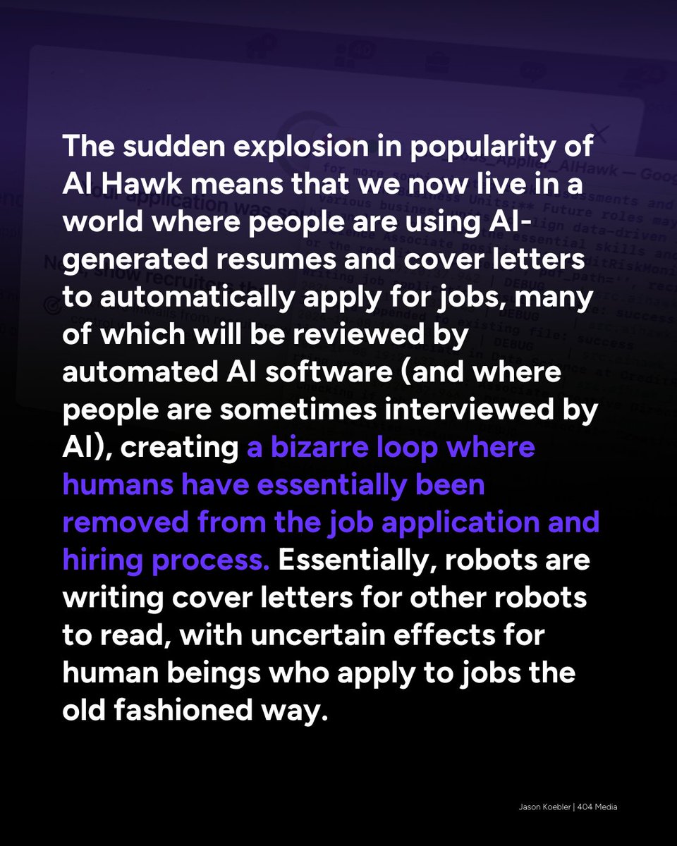 Humans are being removed from the job application process.

Are you manually applying to jobs or using AI to speed up the process? Is a human actually reading your cover letter, or are companies using AI to narrow the application pool?

This is Auto_Jobs_Applier_AIHawk, which is