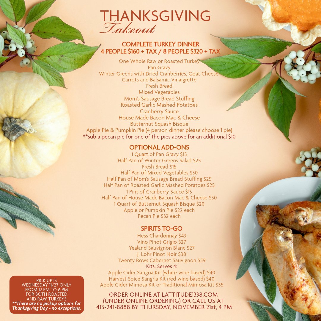 Thankgiving Takeout is LIVE! 

Change the date to 11/27 at the link below and place your order today:

order.toasttab.com/online/longitu… 🦃 order.toasttab.com/online/longitu…