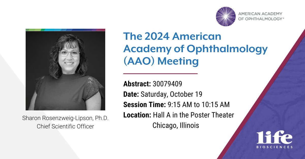 lifebiosciences's tweet image. Our CSO, Dr. Sharon Rosenzweig-Lipson, will present at the upcoming @AAO_ophth (#AAO) Meeting in Chicago from October 18-21. If you are registered, join us in person or virtually to hear updates on our partial #EpigeneticReprogramming platform to treat #OpticNeuropathies.