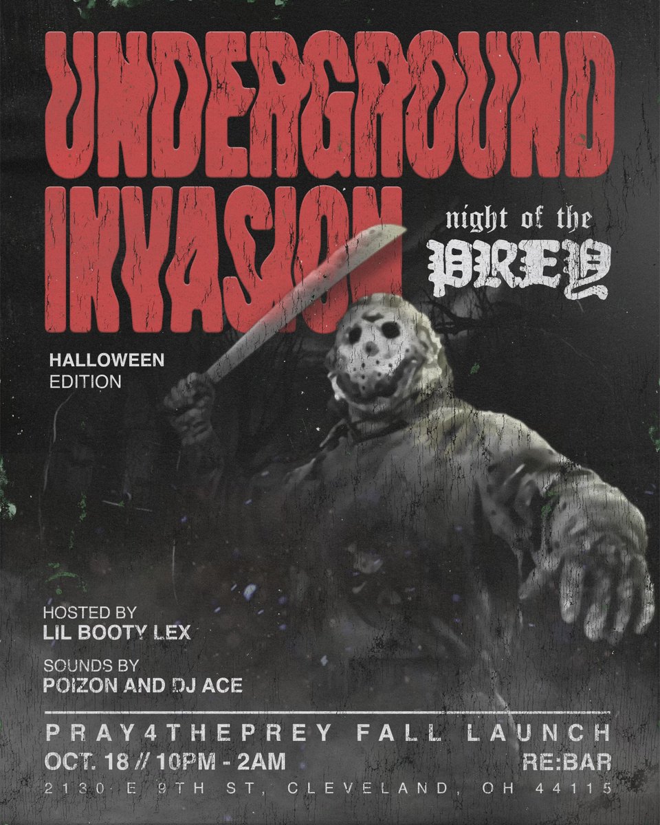 FRIDAY 10.18
UNDERGROUND INVASION 👻 Halloween Edition
+ <a href="/pray4prey/">nikkole</a> pop up shop!
Hosted by @lilbootylexter
Soundtrack by Poison + DJ ACE HERE!
10P-2A // Table Service Available
Kitchen open late!
21+