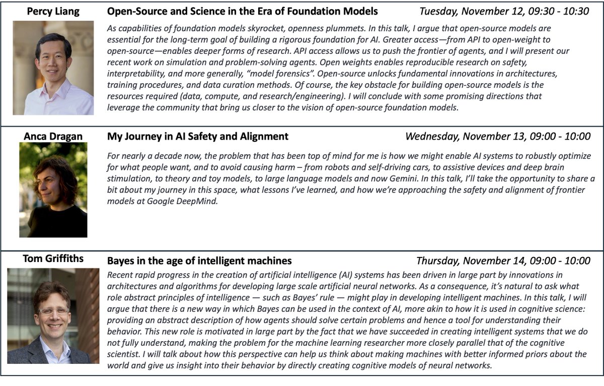 EMNLP 2025 (@emnlpmeeting) on Twitter photo 🚨 We’re thrilled to announce our exciting keynotes for #EMNLP2024 2024.emnlp.org/program/keynot…
1⃣ 11/12: Percy Liang: open-source+science
2⃣ 11/13: Anca Dragan: safety+alignment
3⃣ 11/14: Tom Griffiths: Bayes+AI
See you in Miami! 🌴
<a href="/percyliang/">Percy Liang</a> <a href="/ancadianadragan/">Anca Dragan</a> <a href="/cocosci_lab/">Griffiths Computational Cognitive Science Lab</a> 🚨 We’re thrilled to announce our exciting keynotes for #EMNLP2024 2024.emnlp.org/program/keynot…
1⃣ 11/12: Percy Liang: open-source+science
2⃣ 11/13: Anca Dragan: safety+alignment
3⃣ 11/14: Tom Griffiths: Bayes+AI
See you in Miami! 🌴
<a href="/percyliang/">Percy Liang</a> <a href="/ancadianadragan/">Anca Dragan</a> <a href="/cocosci_lab/">Griffiths Computational Cognitive Science Lab</a>