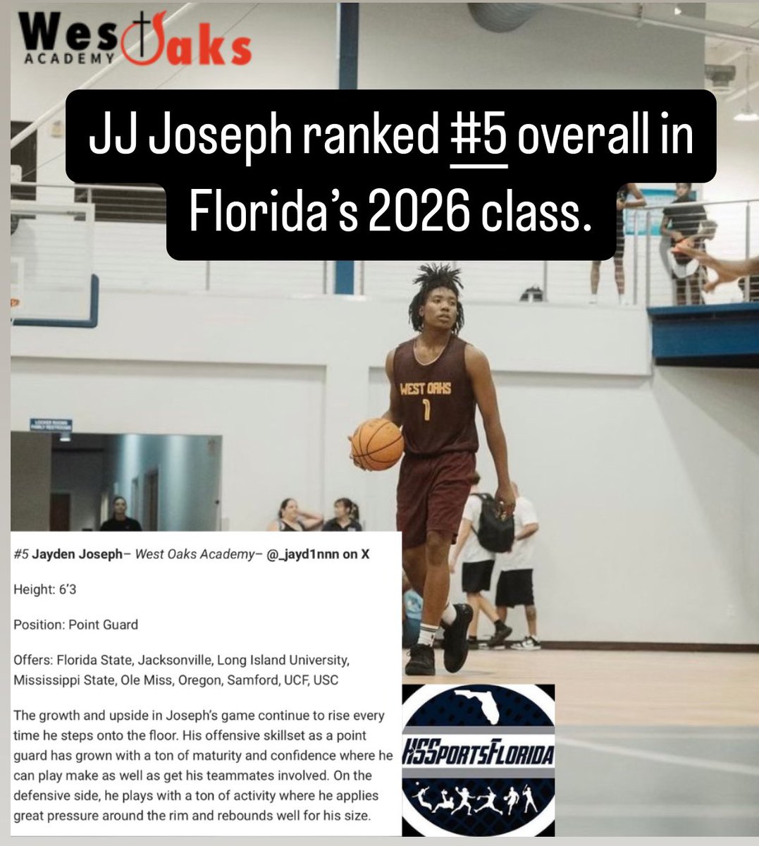 Coach Kenny Gillion (@westoaksacad) on Twitter photo JJ Joseph is ranked #5 overall and the #1 point guard in Florida’s 2026 class <a href="/HSSportsFL/">HSSportsFlorida</a> JJ Joseph is ranked #5 overall and the #1 point guard in Florida’s 2026 class <a href="/HSSportsFL/">HSSportsFlorida</a>
