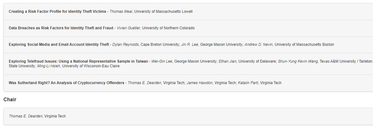 Today's Featured Conference Session is “Identity Theft &amp; (Tele)Fraud,” Wednesday, November 13, 9:30 to 10:50am, Sierra H - 5th Level.
Join us <a href="/ASCRM41/">Amer Soc of Crim</a> in San Francisco for these great presenters. #ASCriminology2024 #ASCSanFran24