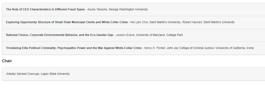 Today's Featured Conference Session is “Predicting and Explaining White-Collar and Corporate Offending,” Wednesday, November 13, 2:00 to 3:20pm, Pacific D - 4th Level
Join us <a href="/ASCRM41/">Amer Soc of Crim</a> in San Francisco for these great presenters. #ASCriminology2024 #ASCSanFran24