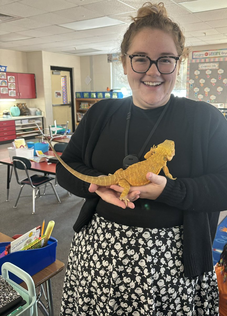 To finish up our unit on animals, a parent brought in her bearded dragon for us to see! Sahara has camouflaging skin, a third eye on the top of her head to see predators, and changes colors to absorb heat. Every kid got to pet her and I held her! <a href="/MountainViewJCS/">Mountain View Elem</a> <a href="/jcityTNschools/">JohnsonCitySchools</a>