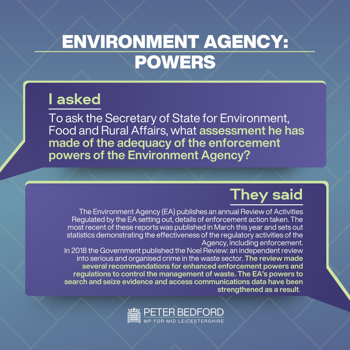 How adequate are the enforcement powers of the Environment Agency? And what does the Secretary of State for Environment, Food and Rural Affairs think of them? 

I asked, they answered...💬🌱