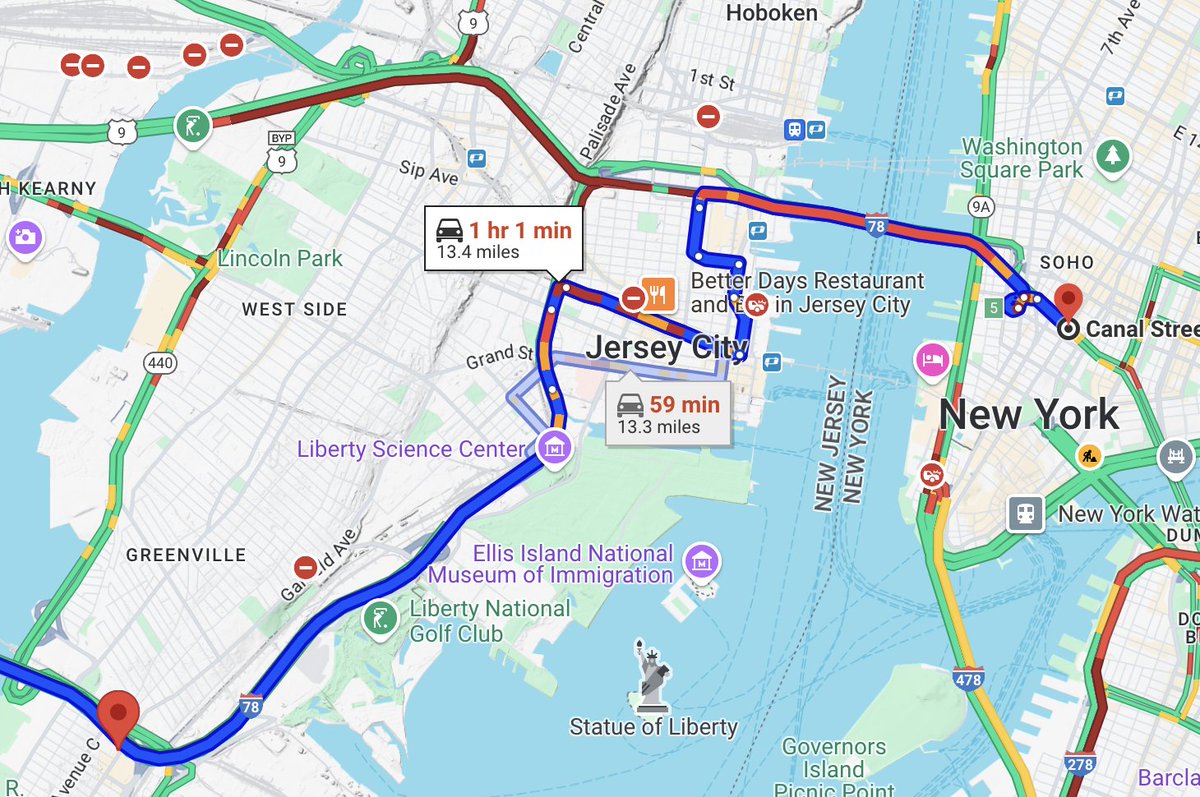 SafeStreetsJC's tweet photo. Jersey City has started an incredible experiment to deter Turnpike traffic *and* make Columbus Dr safer for commuters &amp; kids: No left-turns going north on Columbus between 6am-9am. It's finally *faster* to stay on the Turnpike vs cutting-through JC. Thank you Mayor @StevenFulop https://t.co/CQM6ScsZK1