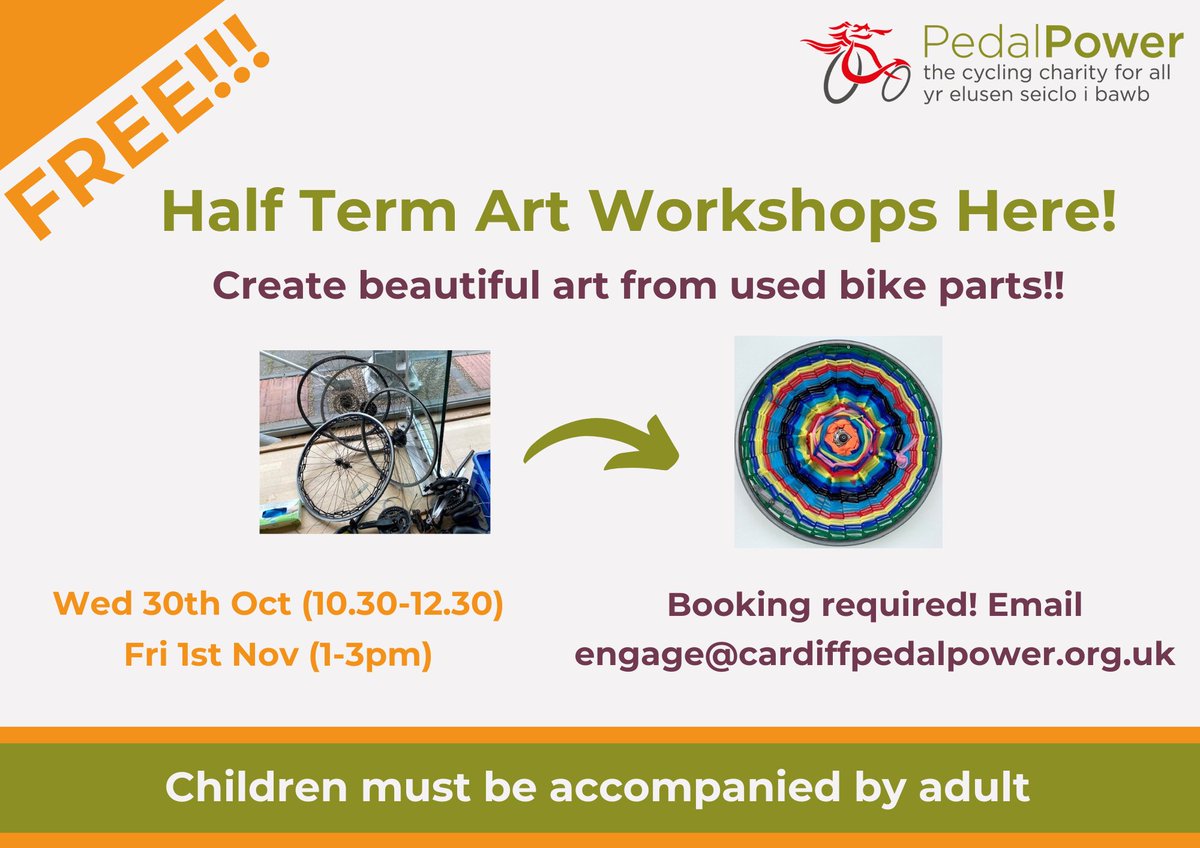Pedal Power Cardiff (@pedalpower_diff) on Twitter photo Two free arts sessions using used bike parts here at Pedal Power cafe this half term. Spaces limited so book your place! All ages and abilities. Children must be accompanied. Thanks to <a href="/CraftintheBay/">CraftintheBay</a> and Arts Council of Wales for making these possible! cardiffpedalpower.org Two free arts sessions using used bike parts here at Pedal Power cafe this half term. Spaces limited so book your place! All ages and abilities. Children must be accompanied. Thanks to <a href="/CraftintheBay/">CraftintheBay</a> and Arts Council of Wales for making these possible! cardiffpedalpower.org