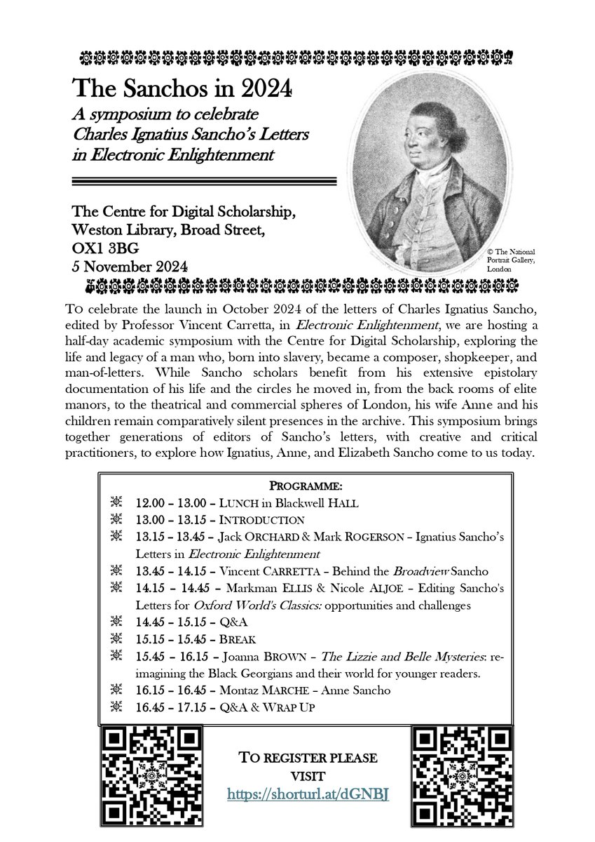 eEnlightenment's tweet image. Hello - for anyone based in Oxford, Electronic Enlightenment is running a half-day symposium on the letters and legacy of Charles Ignatius Sancho and his family at the Weston Library on 5 Nov: digitalscholarship.web.ox.ac.uk/event/a-sympos…
@TORCHOxford @BSECS @EngFac18thC @BARS_official @bodleianlibs