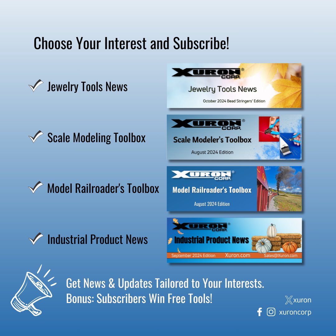 Xuron's tweet image. ✨ Join the Xuron® Newsletter for exclusive content tailored to your passion—be it jewelry, model railroading, scale modeling, or industrial tools! Stay updated with the latest trends and get a chance to win fabulous free tools! 🎉 #XuronTools