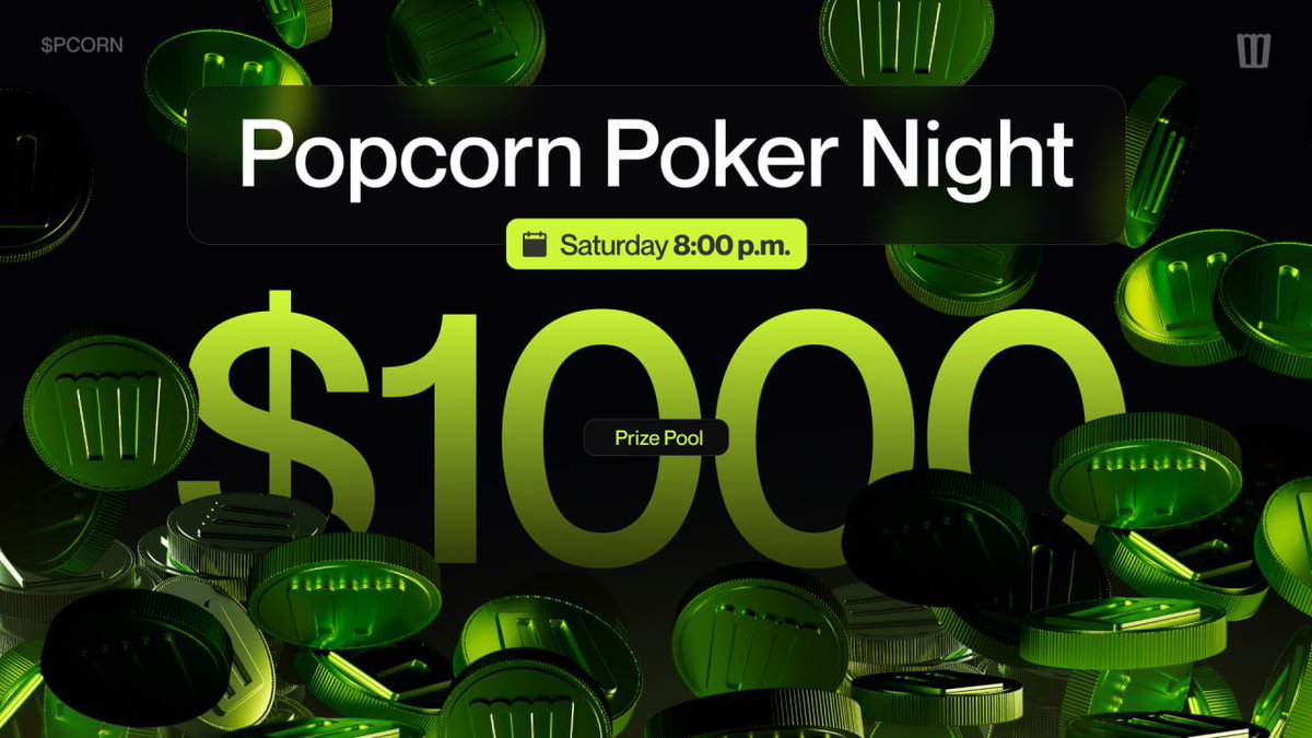 $PCORN POKER NIGHT!

😎  Get ready for an epic poker tournament on October 19th, at 8 PM UTC +3

This is a multi-table tournament with 8 players per table, no rebuy, and a 5000 stack size. Make sure to include your Telegram username in your nickname so we can recognize you!

🎰