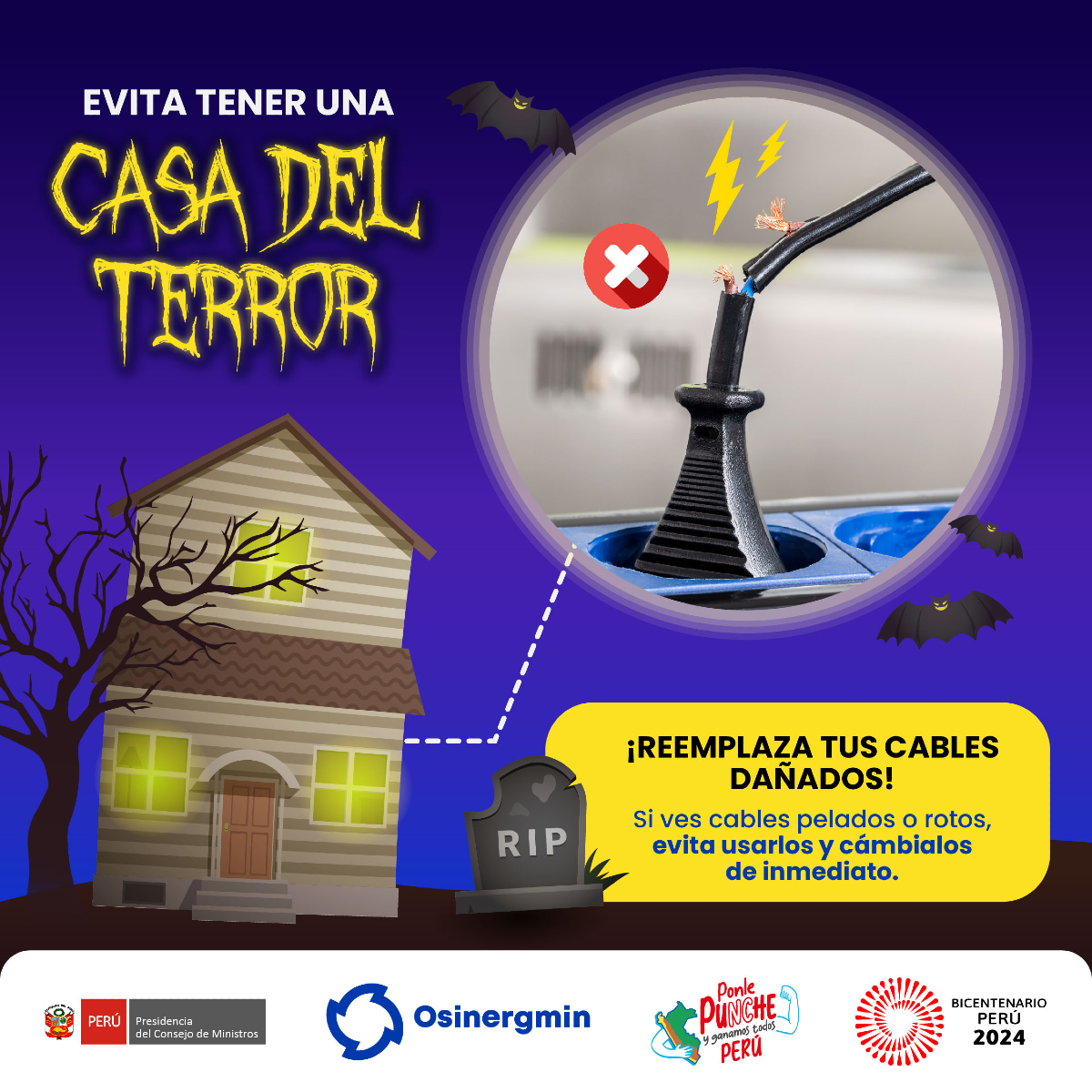 OSINERGMIN's tweet photo. #CasaDelTerror 🎃 | En el mes de #Halloween, te dejamos un consejo para evitar riesgos eléctricos tenebrosos. ☠
Y tú, ¿qué otro tip sigues en casa? 🧟♀️💀👽
#Osinergmin #tipsdeahorro #electricidad https://t.co/VpSzssb1l5
