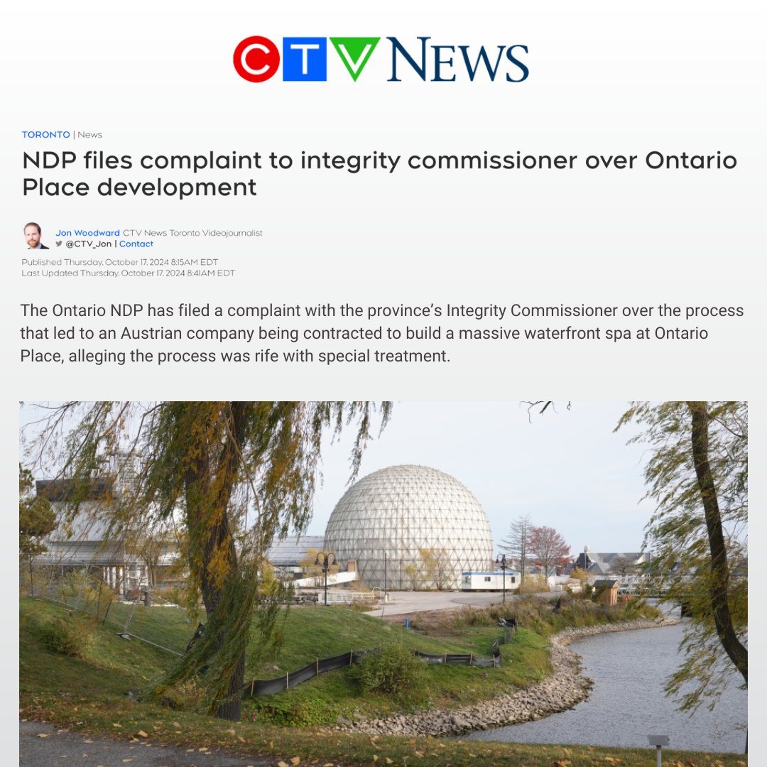 I’m taking Ford’s Ontario Place deal to the Integrity Commissioner. 

Therme got preferential treatment with a 95-year lease and taxpayer-funded perks, while others were shut out. The evidence is clear.

This is Ford’s Ontario, where insiders cash in while the rest of us are
