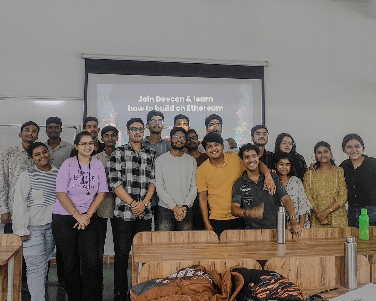 hardikthecoder's tweet photo. Here we go! 

Builder's Path to Devcon Workshop in Ujjain 

@ArchitMehta03 and @0xDhruvang just wrapped up an epic session on:

> Basics of Blockchain &amp; Cryptography
> Ethereum Deep Dive &amp; Development
> Devcon Event Awareness
> And of course, chilling with the nerds! https://t.co/dwFcNxkYe6