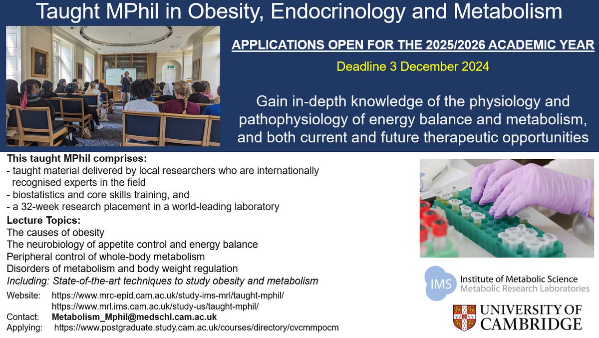 Dive into the world of Obesity, Endocrinology and Metabolism with our cutting-edge taught MPhil Programme!  

Applications now open for 2025/2026 academic year but do apply early as places are limited.

Deadline 3 December 2024

👇👇👇👇
mrc-epid.cam.ac.uk/study-ims-mrl/…
