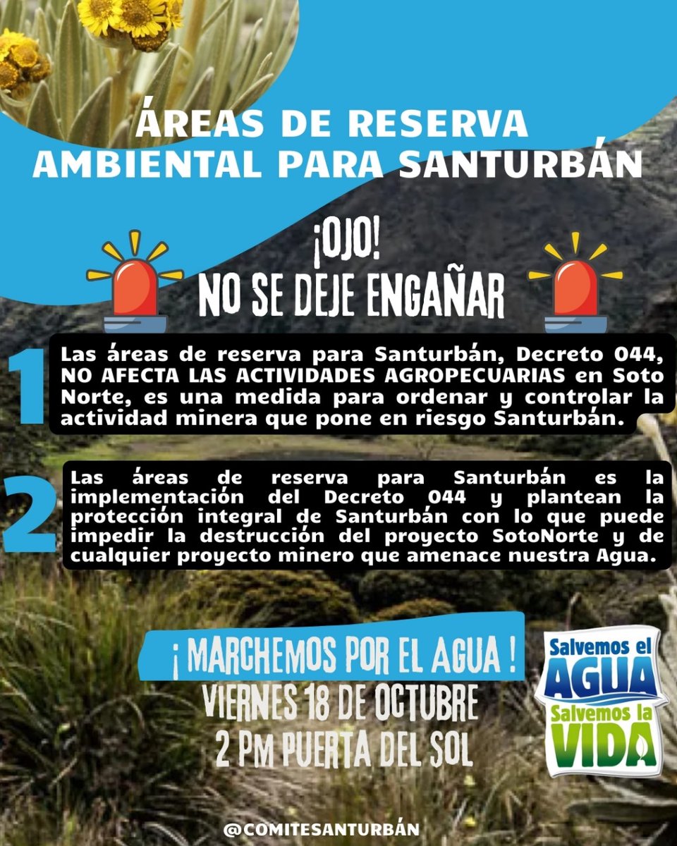Comité Santurbán (@comitesanturban) on Twitter photo Las áreas de reserva para #Santurbán NO afectan las actividades agropecuarias en SotoNorte, esta es una medida para detener la minería que amenaza el agua de más de 3 mill de Colombianos/a.
Mañana #MarchoXSanturbán y porque el <a href="/MinAmbienteCo/">MinAmbiente Colombia</a> las haga realidad Las áreas de reserva para #Santurbán NO afectan las actividades agropecuarias en SotoNorte, esta es una medida para detener la minería que amenaza el agua de más de 3 mill de Colombianos/a.
Mañana #MarchoXSanturbán y porque el <a href="/MinAmbienteCo/">MinAmbiente Colombia</a> las haga realidad