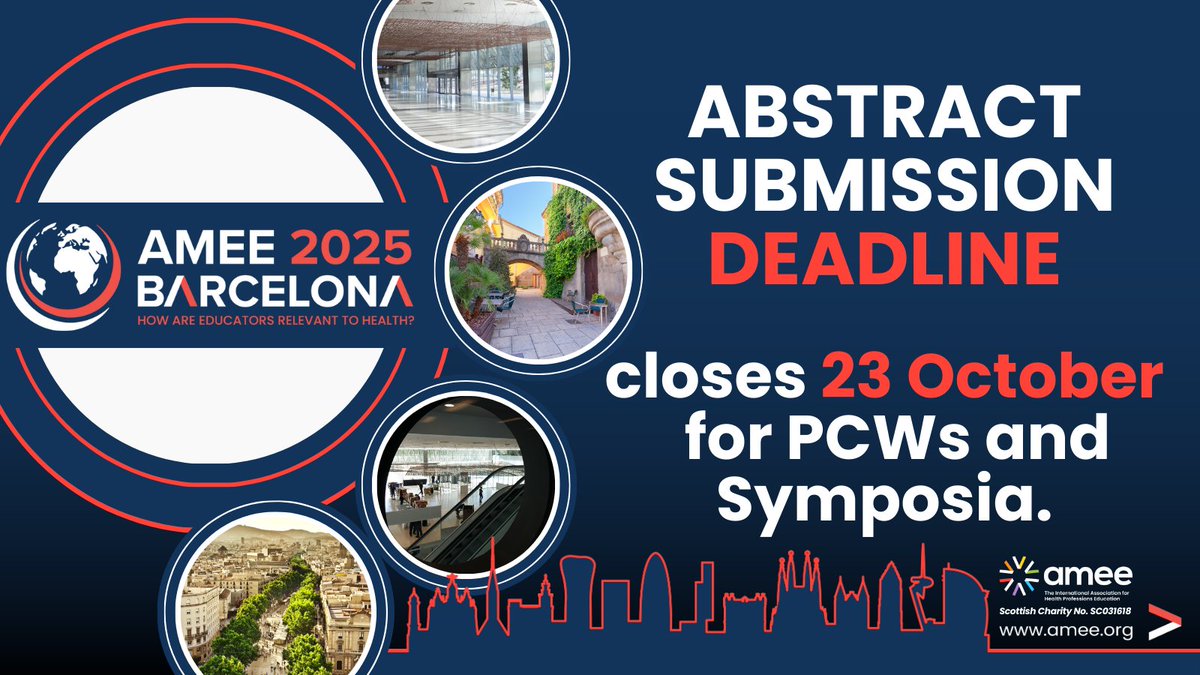 AMEE_community's tweet image. 🚨 Reminder - 23rd October 2024 deadline for #AMEE2025 PCWs &amp;amp; Symposia #AbstractSubmissions, is fast approaching!

Don&apos;t miss the chance to contribute to the programme, to share your expertise, submit now &amp;amp; be part of AMEE 2025 🌍

🔗ow.ly/h4Yr50TEaLV
#MedicalEducation #HPE