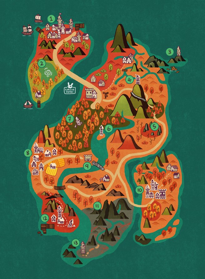 circus_usagi's tweet photo. New map in autumn!!🙌 Included some lore on the numbered locations in thread, with contributions from my d&amp;d mates~ Feel free to get inspiration from or use for your own ttrpg home games ^^ https://t.co/m1tZwlEkmB