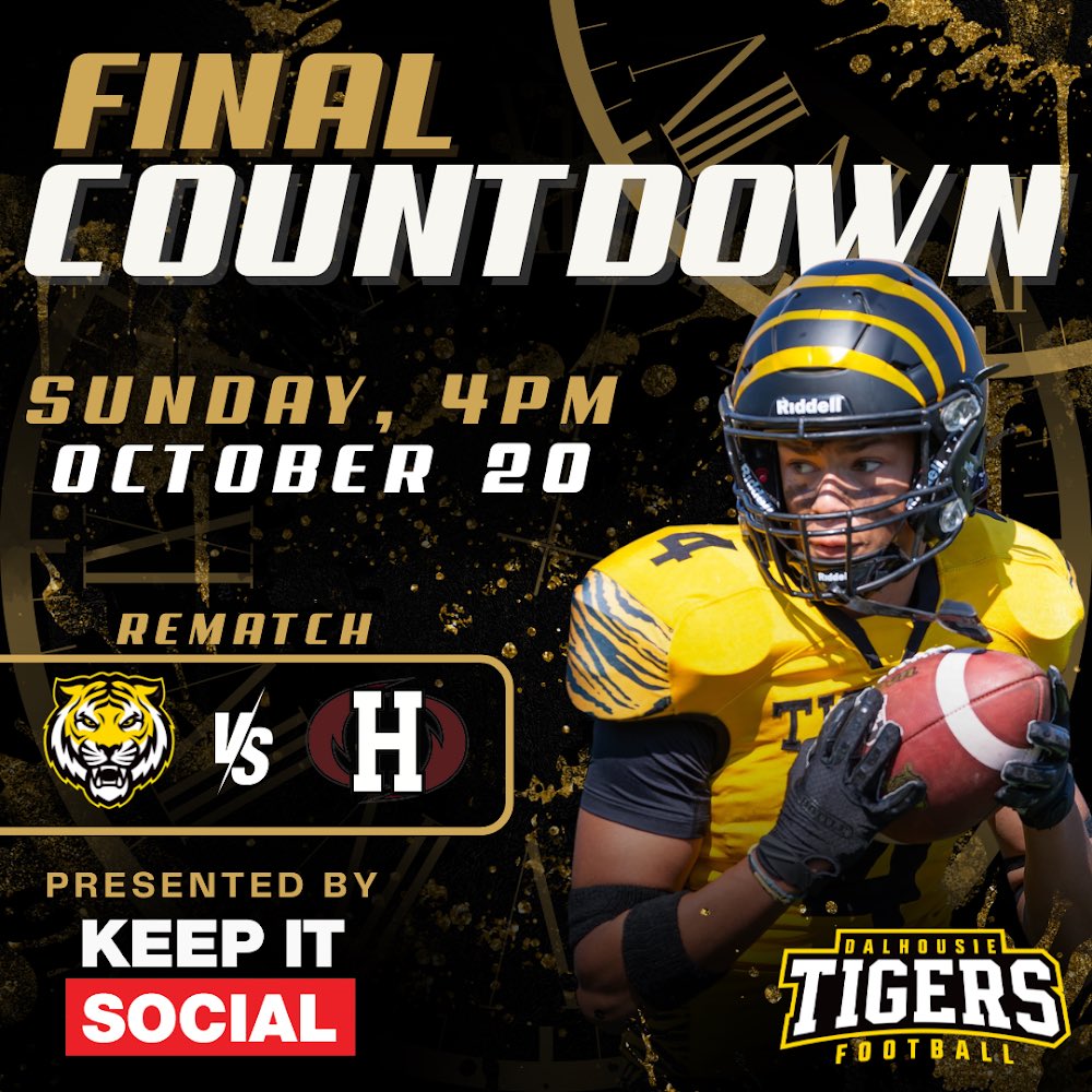 DalFootballClub's tweet photo. The clock is ticking on the 2024 AFL season! The Tigers and Hurricanes will be playing this Sunday in the last game of the regular season! ๐๐
#dalhousie #dalhousieuniversity #dalu #dalstudentlife #halifax #halifaxnoise https://t.co/WLv4TDrpBI