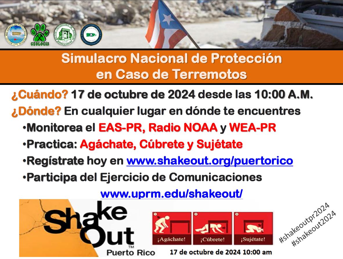 uprm's tweet photo. HOY ES EL SIMULACRO DE TERREMOTOS GRAN SHAKE OUT PR 2024

Hoy  a las 10:00 AM se llevará a cabo el Simulacro de Terremotos Gran Shake  Out de Puerto Rico 2024. Practique la forma apropiada de protegerse  durante un terremoto: "Agáchese, Cúbrase y Sujétese", por un minuto. https://t.co/Bu5ueaBBp0