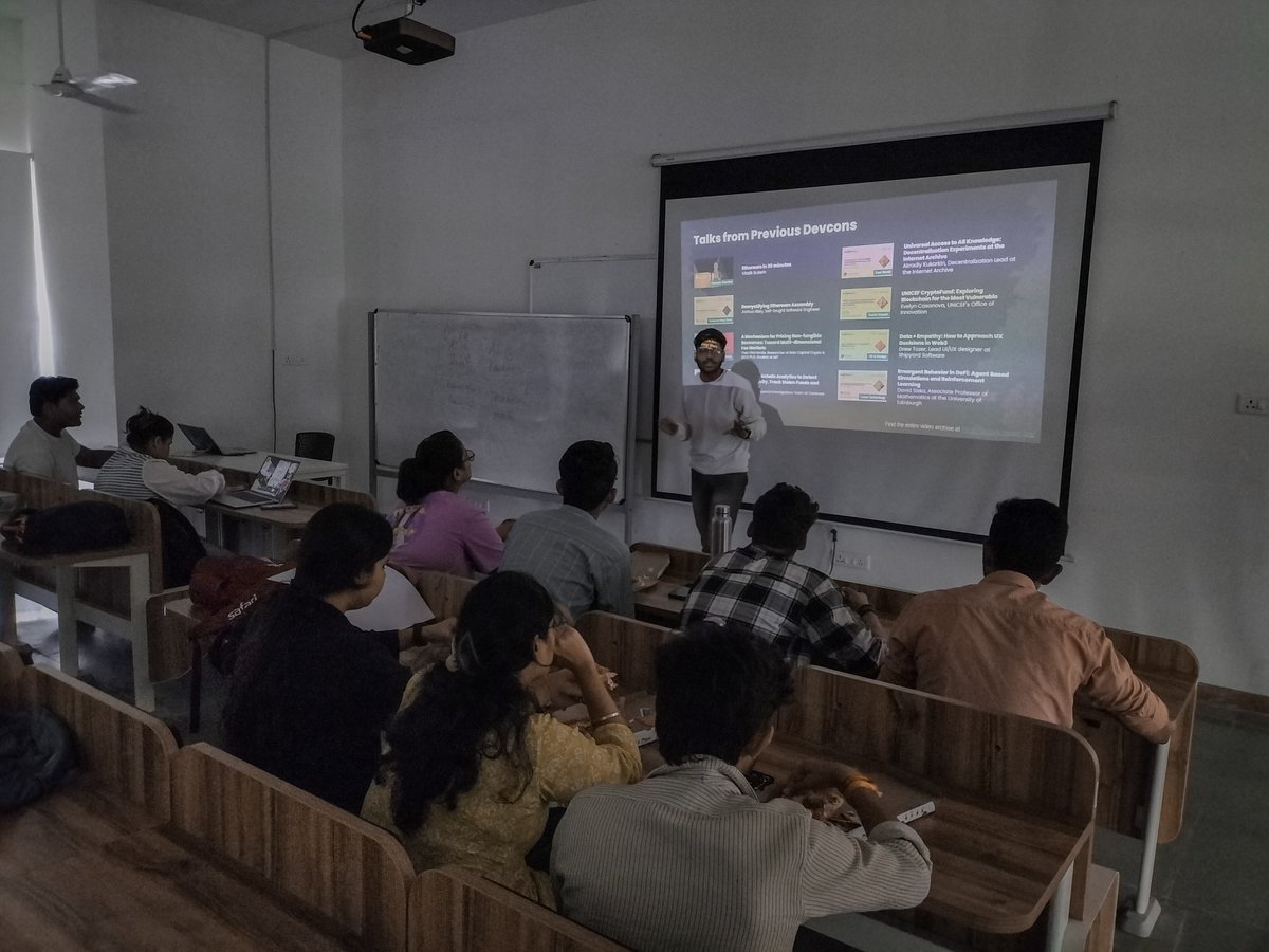 hardikthecoder's tweet photo. Here we go! 

Builder's Path to Devcon Workshop in Ujjain 

@ArchitMehta03 and @0xDhruvang just wrapped up an epic session on:

> Basics of Blockchain &amp; Cryptography
> Ethereum Deep Dive &amp; Development
> Devcon Event Awareness
> And of course, chilling with the nerds! https://t.co/dwFcNxkYe6