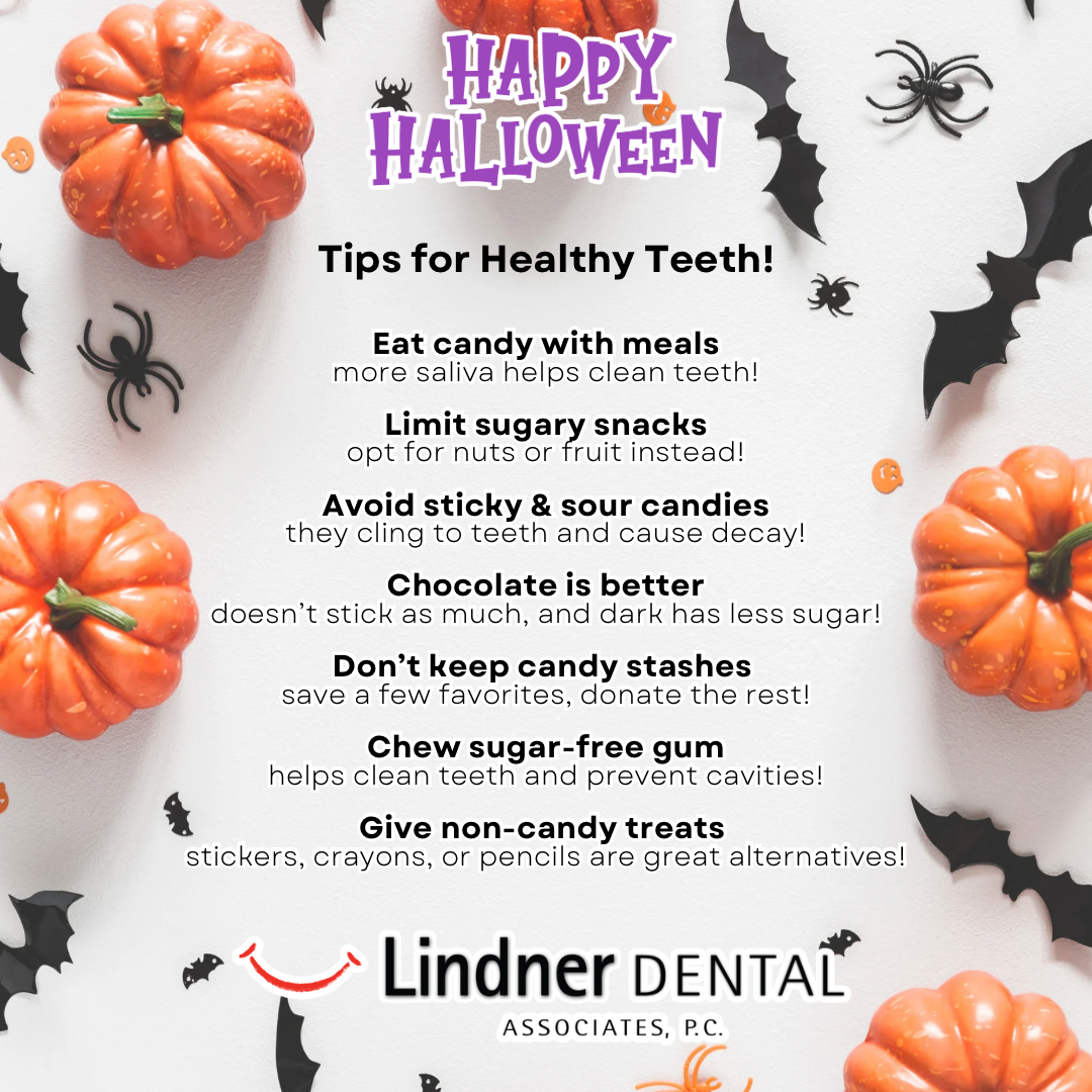 Keep your smile shining bright this Halloween with these fang-tastic tips! 
From enjoying treats with meals to opting for fun non-candy goodies, let’s keep those cavities away! 🦷🎃👻

#lindnerdental #bedfordnh #healthysmiles #oralhealth #happyhalloween