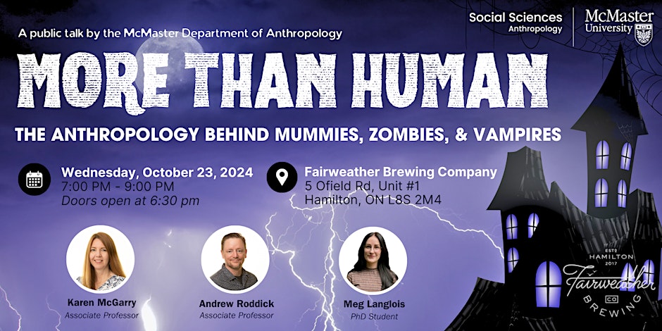 McMaster Anthropology (@anthromac) on Twitter photo 📣 Public Talk!📣
Celebrate Hallowe'en with a dive into the anthropology of zombies, Andean mortuary practices, and vampire burials in Poland!
Our next public talk <a href="/FairweatherBrew/">FairWeather Brewing</a> is next Wednesday, Oct. 23 at 7PM!
Learn more and register to attend:
tinyurl.com/2twd76sz 📣 Public Talk!📣
Celebrate Hallowe'en with a dive into the anthropology of zombies, Andean mortuary practices, and vampire burials in Poland!
Our next public talk <a href="/FairweatherBrew/">FairWeather Brewing</a> is next Wednesday, Oct. 23 at 7PM!
Learn more and register to attend:
tinyurl.com/2twd76sz