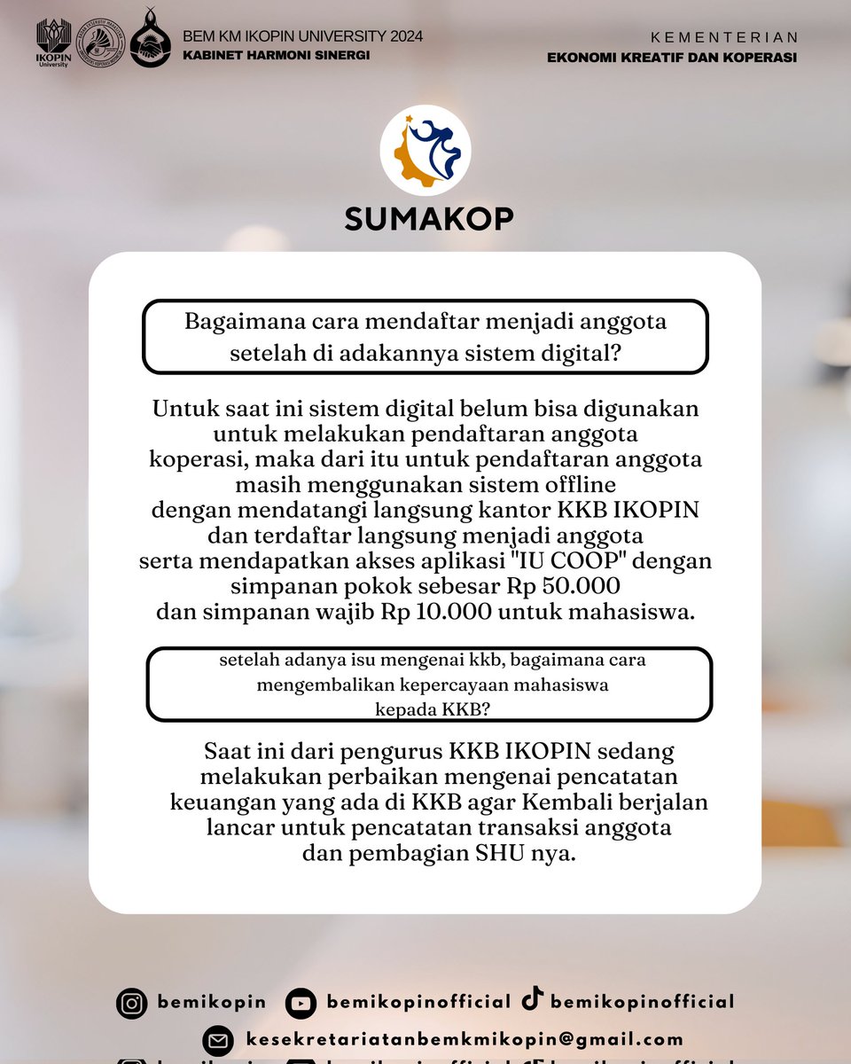 IU COOP bukan hanya tempat berbelanja, tapi juga menjadi wadah bagi mahasiswa untuk belajar berkoperasi, mengelola keuangan, dan mengembangkan jiwa kewirausahaan. Mari jadi bagian dari IKOPIN University Cooperative
