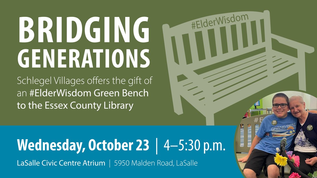SchlegelVillage's tweet image. Join us during Ontario Public Library Week as we unveil the #ElderWisdom Green Bench at @EssexCountyLib, LaSalle Branch! 💚📚 Celebrate intergenerational connections and the wisdom of our elders. 

Wed, Oct 23, 4-5:30 p.m. Let's honor #LibrariesForLife! #CommunityConnection