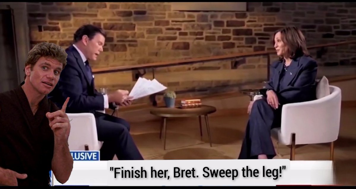 revsean68's tweet image. To sum up the #KamalaHarris interview with @BretBaier @FoxNews She had no answers for the #cranekick questions. She saw it coming but kept taking kicks to the head! #TRUMP2024 #TrumpVance2024