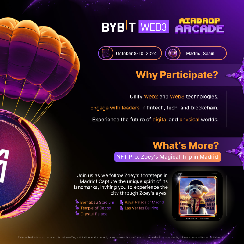 Alpha_Bybit's tweet photo. When Zoey meets #MergeMadrid on #NFTPro!
Join Zoey on her Madrid adventure! Meet iconic landmarks and seize your chance to win a share of 5000 USDT on #BybitWeb3 #AirdropArcade!
Swipe right to learn more! 👉
