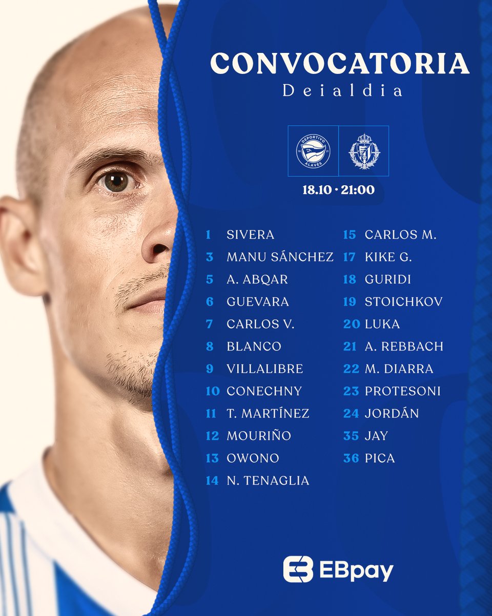 🗒️ 𝐂𝐎𝐍𝐕𝐎𝐂𝐀𝐓𝐎𝐑𝐈𝐀

⚔️ ¡Nuestros 𝟮𝟯 para mañana! ⚔️

#AlavésRealValladolid
#LALIGAEASPORTS | #GoazenGlorioso ⚪️🔵