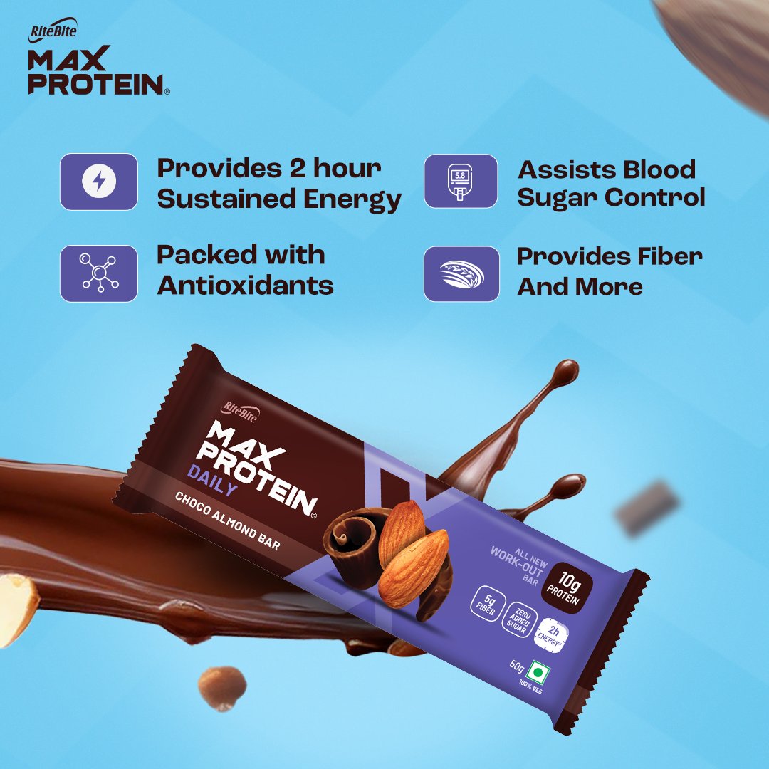 TheMaxProtein's tweet image. Experience the magic of almonds and chocolate in every bite of Max Protein Daily Choco Almond Bar! It helps lower cholesterol, is rich in antioxidants, supports blood sugar, and provides fiber for fullness-your daily boost for a healthier lifestyle.

#MaxProtein #ProteinSnack