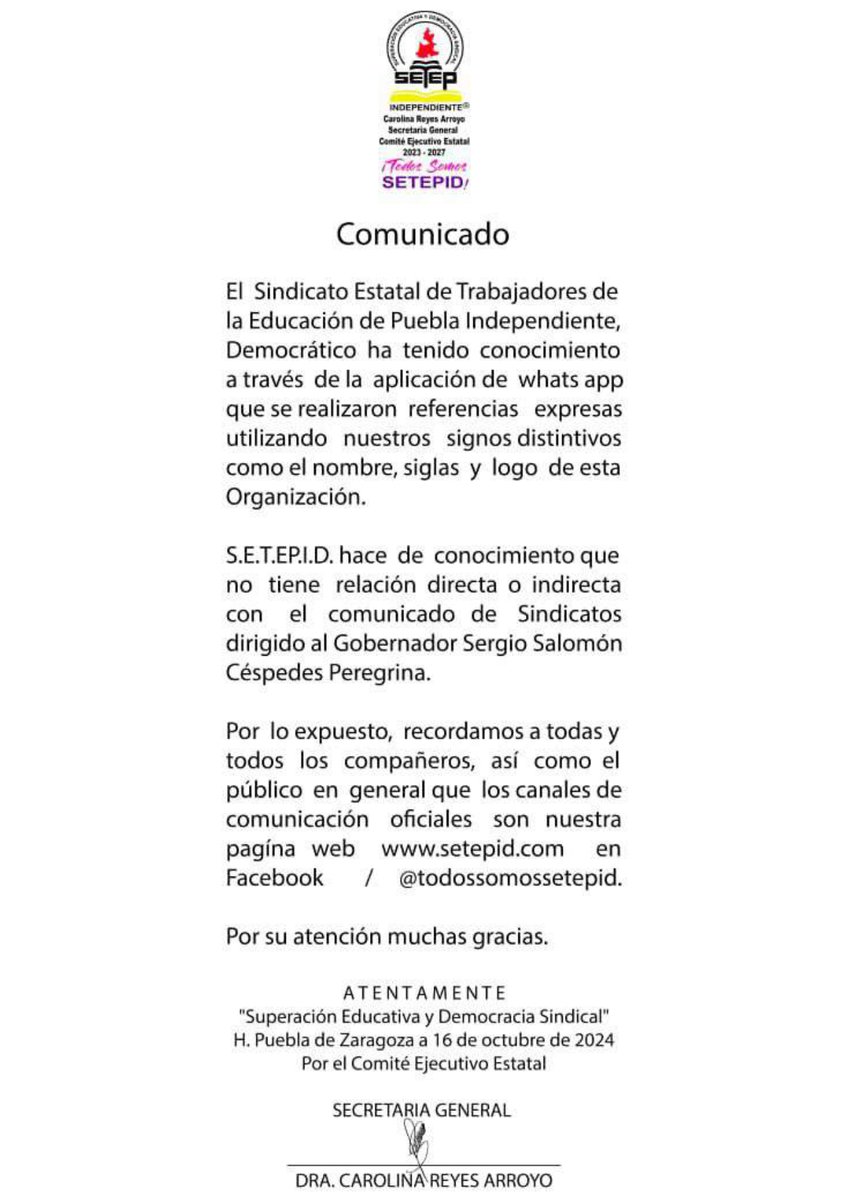 laredcincoradio's tweet photo. 📢 || El SETEPID se deslinda de cualquier comunicado o "Carta Abierta" publicada por otras organizaciones sindicales magisteriales. 🛑 #SETEPID #Magisterio #ComunicadoOficial https://t.co/Mj0RsyheMY