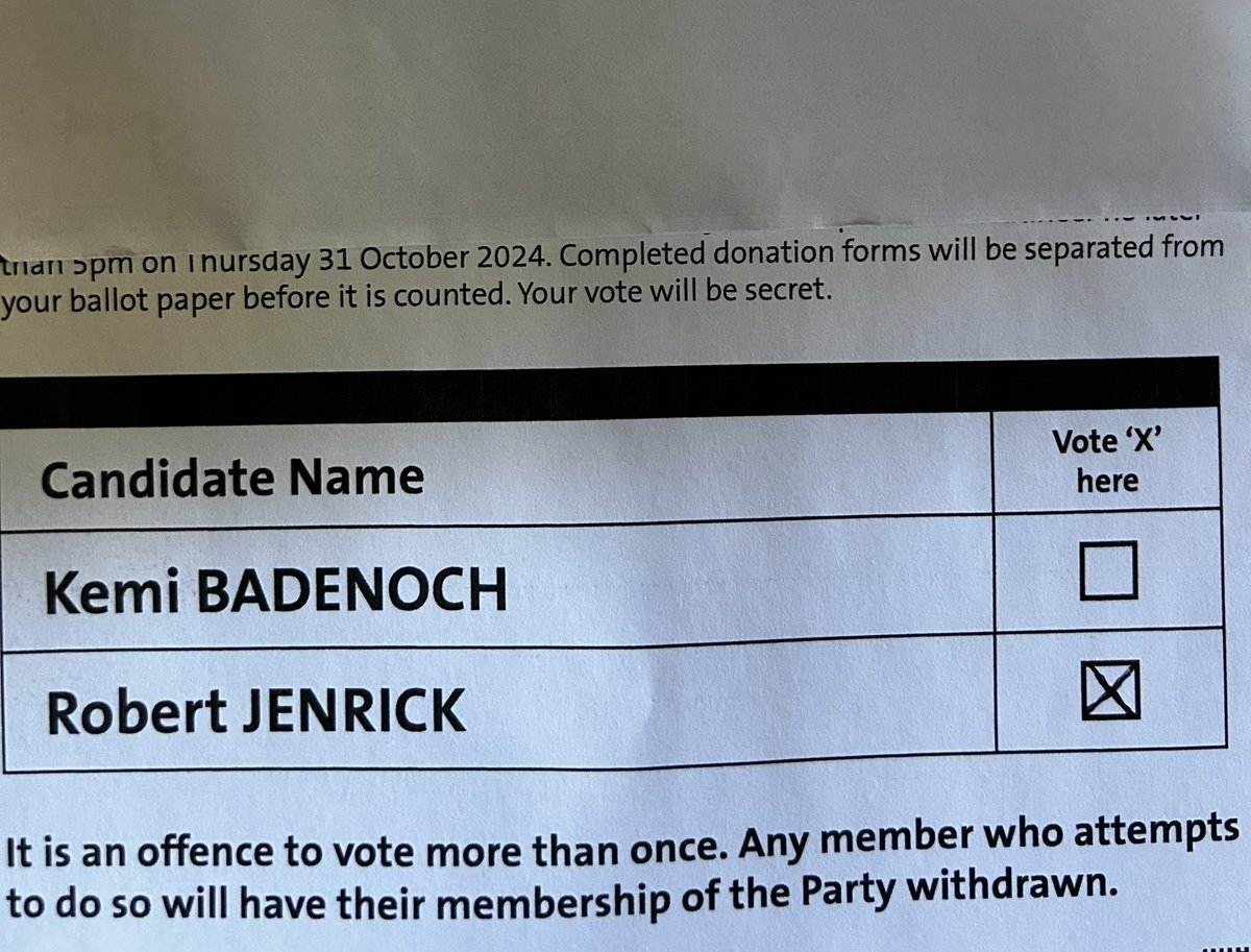 TracyNeverLabor's tweet photo. #Conservative #LeadershipVote Done & returned. my vote has gone to @RobertJenrick
NEVER in a million years would or will I back Badenough. If she wins this then the party is well & truly done! #BobbyJ https://t.co/7Kdwf6qVco