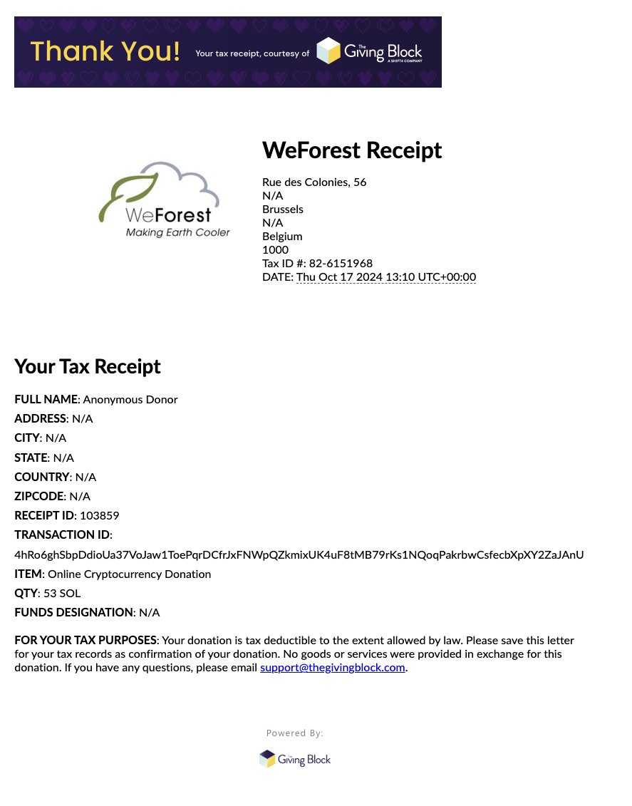 $FOREST bears first fruit 
53 SOL sent to <a href="/WeForest_org/">WeForest</a> via <a href="/TheGivingBlock/">The Giving Block</a> 

digital rain nourishes real trees 
bridging virtual and natural worlds

gratitude to all who voted, contributed
our roots grow stronger together