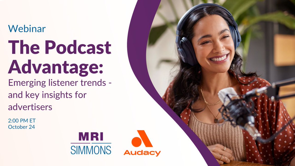 T-minus 1 week until our next webinar! Register today to learn about today's podcast listeners, including:

🤷‍♂️ Listener habits and attitudes
🎧 How listening fits into their daily routines
📢 How advertising can complement that experience

Register now: mrisimmons.com/webinars/the-p…
