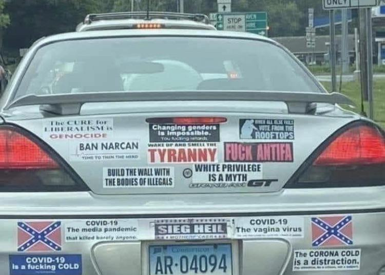 racistio's tweet photo. on my way to work, saw some libtard post a pic of the back of my car on X

which sticker do you think got to him most? https://t.co/1BJoNJmiEb