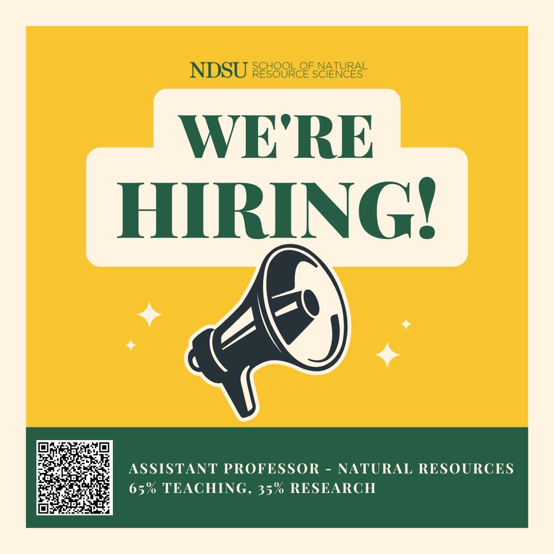 School of Natural Resource Sciences (@ndsu_snrs) on Twitter photo Job Opportunity: SNRS seeks a 12-month, tenure-track Assistant Professor in Natural Resources (65% teaching, 35% research). Start by June 1, 2025. Contact Jason Harmon: jason.harmon@ndsu.edu. Please share!
Full description here: prd.hcm.ndus.edu/psc/recruit/EM…
#NDSU #NDSUCAFSNR Job Opportunity: SNRS seeks a 12-month, tenure-track Assistant Professor in Natural Resources (65% teaching, 35% research). Start by June 1, 2025. Contact Jason Harmon: jason.harmon@ndsu.edu. Please share!
Full description here: prd.hcm.ndus.edu/psc/recruit/EM…
#NDSU #NDSUCAFSNR