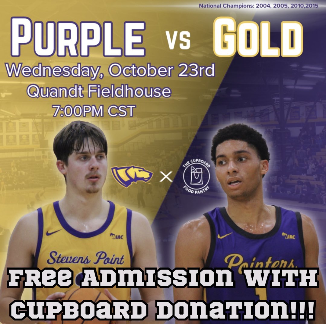 Pointers Basketball is back on Wednesday, October 23 for the annual PURPLE and GOLD game🟣🟡

UWSP men’s basketball couldn’t be more excited to partner with <a href="/UWSPWBB/">UWSP W Basketball</a> &amp; tip off the season next Wednesday‼️

Donations to The Cupboard Food Pantry will be collected!