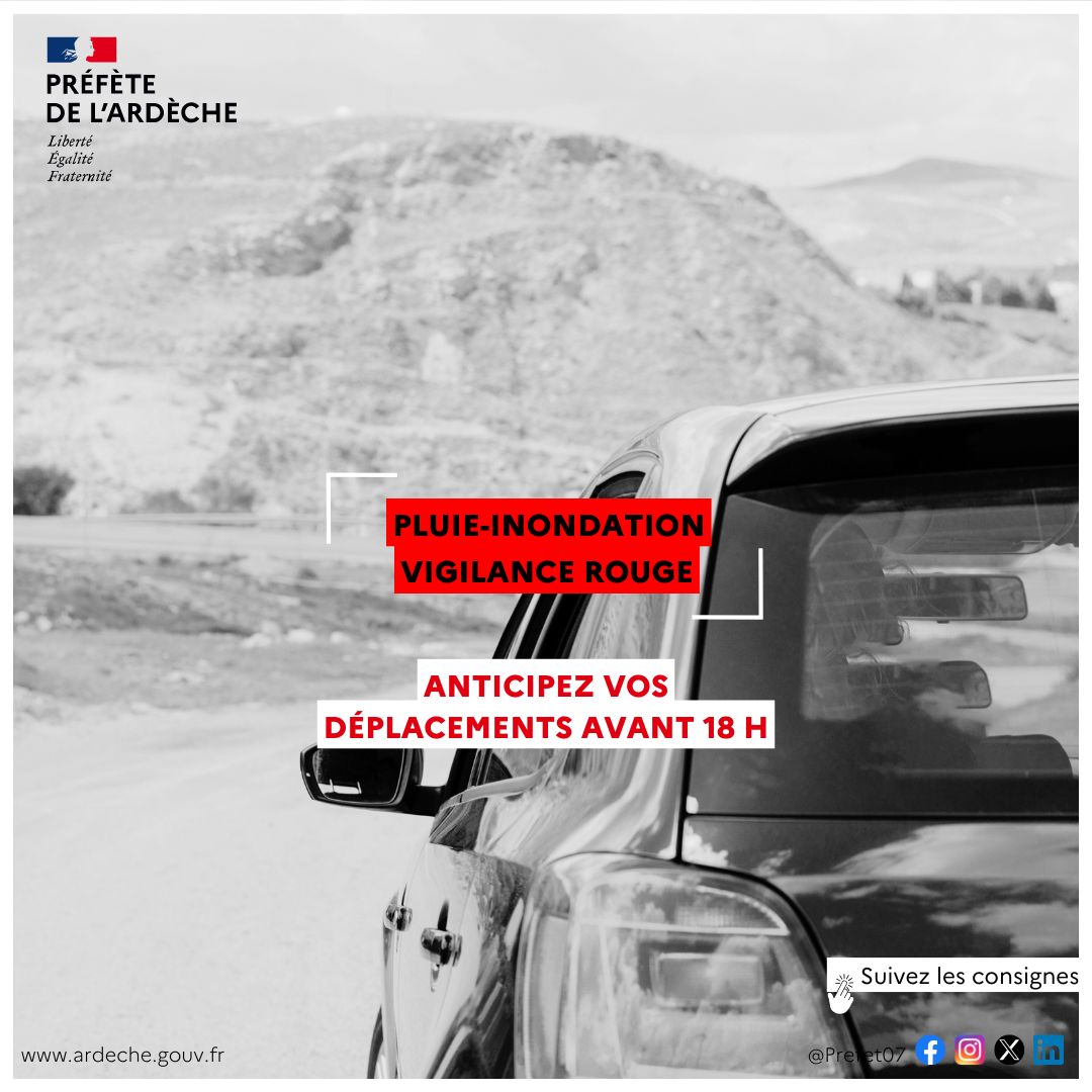 #Meteo07 | 🔴Mise à jour - Vigilance rouge pluie inondation 

🚗 Sur l'ensemble du département de l'Ardèche il est demandé dès maintenant de limiter au maximum ses déplacements.
🕡A partir de 1️⃣8️⃣h0️⃣0️⃣ les déplacements doivent être absolument exceptionnels et soumis à une