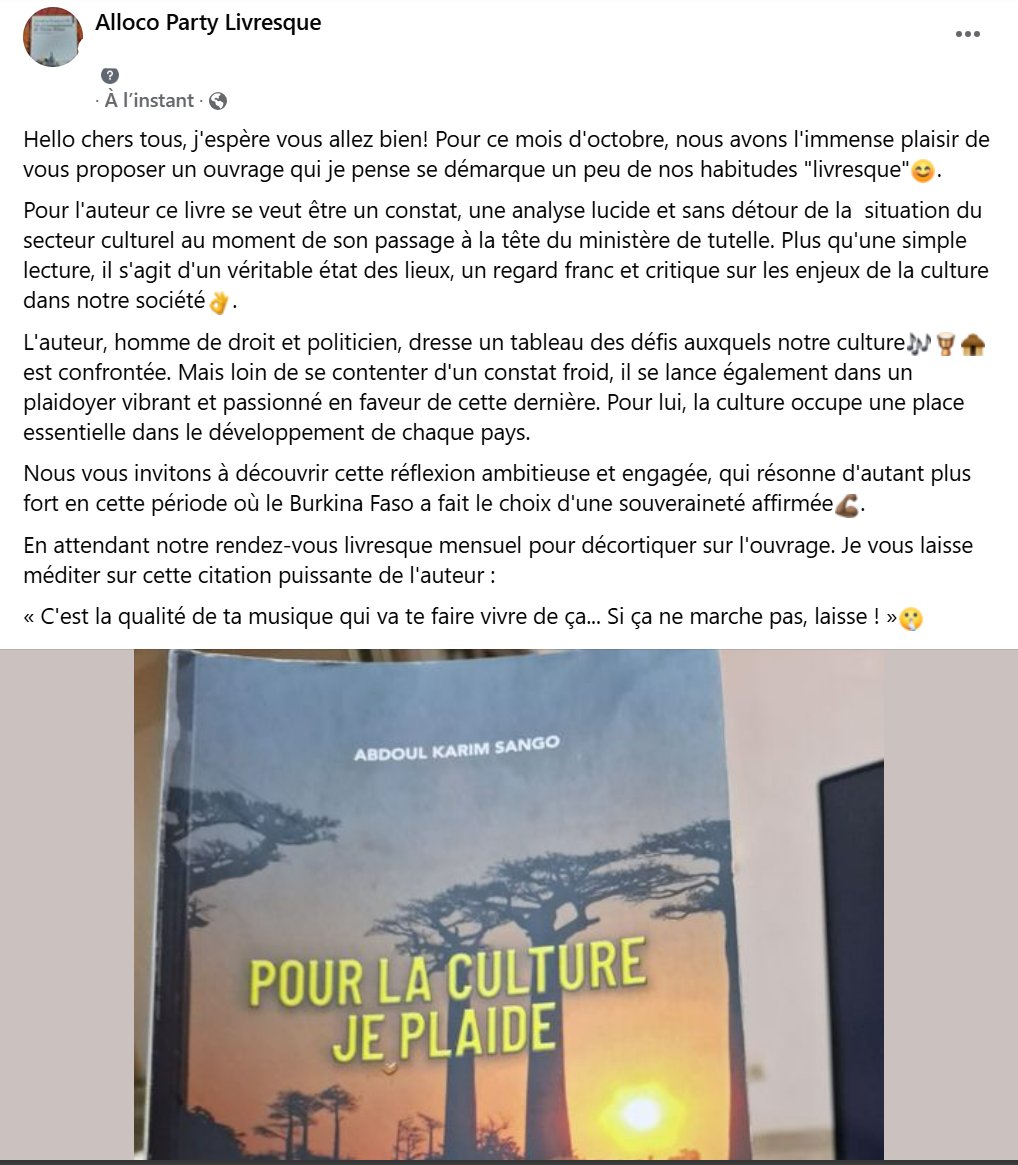 #AllocoPartyLivresque #OctobreRose 

Auteur : Abdoul Karim SANGO

Titre de l'œuvre : Pour la culture je plaide

#lwili #BurkinaFaso #Ouagadougou

web.facebook.com/allocopartyliv…